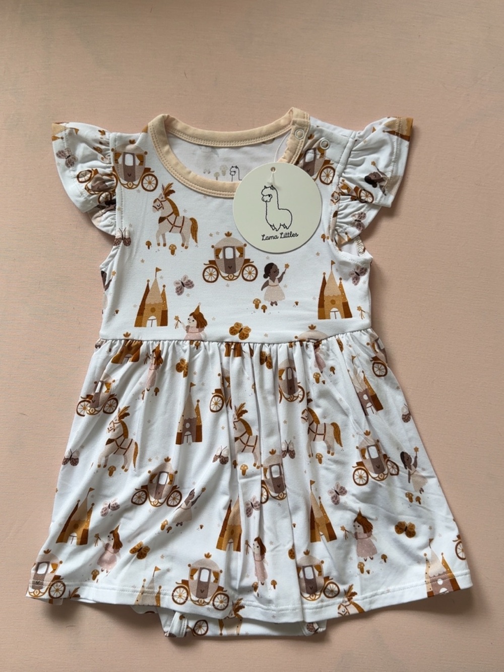Lama Littles Bamboo White & Tan Princess Print Flutter-Sleeve Dress